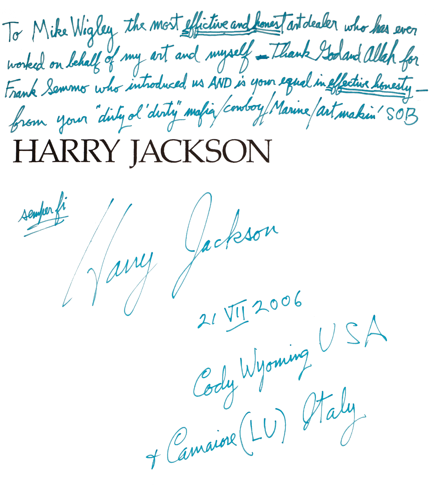 'Harry Jackson' signed to Michael Wigley